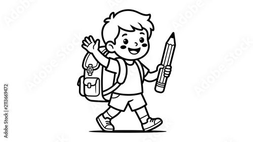 Quadro su tela Happy schoolboy with backpack and pencil, going to school