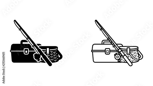 Obraz na plátne Fishing Gear: A fishing rod, tackle box, and creel are depicted in a clean, iconic style, representing the essential tools for angling enthusiasts