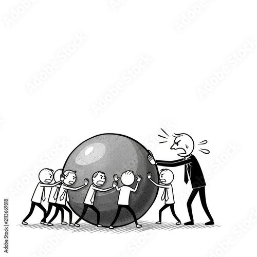 Teamwork pushing large heavy ball together.