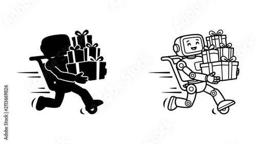Fotografía Delivery Robot with Gifts: A cheerful robot and a silhouetted person hurry along, pushing carts filled with gift-wrapped boxes, conveying a sense of speedy delivery and festive joy