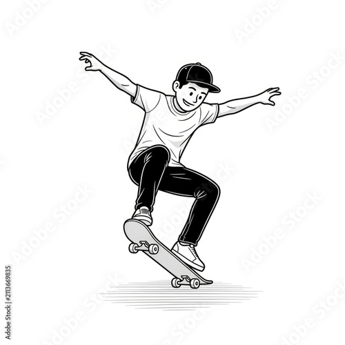 Teenager performing skateboard trick isolated.