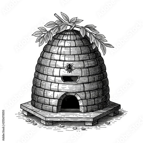 Traditional beehive with leafy roof.