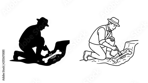 Fotografie Archaeologist Unearths Ancient Bone: A silhouette and line drawing depict an archaeologist in a hat, kneeling and carefully excavating a large bone, representing discovery and historical research