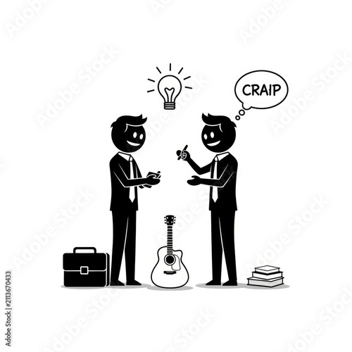 Two businessmen discussing creative ideas together.