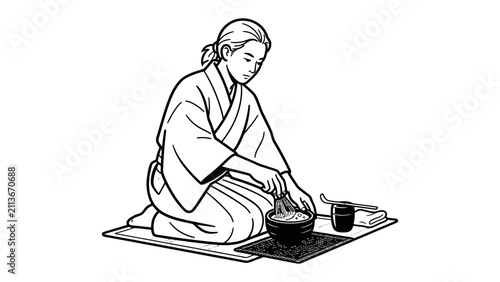 Foto Japanese Tea Ceremony: A woman in traditional kimono performs the ritual of preparing matcha, demonstrating the serene artistry and cultural significance of the Japanese tea ceremony