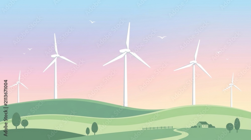 Obraz premium Tranquil Landscape with Wind Turbines and Rolling Green Hills