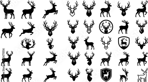 Fotografie Large Vector Collection of Black Deer Solid Silhouettes Featuring Antlered Stag