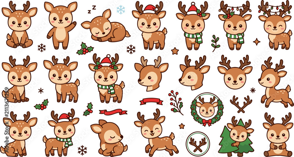Obraz premium Large Vector Collection of Cute Christmas Reindeer Mascot Characters Comparing Festive Holiday Poses Santa Hats and Winter Garland Doodles for Kids App Stickers