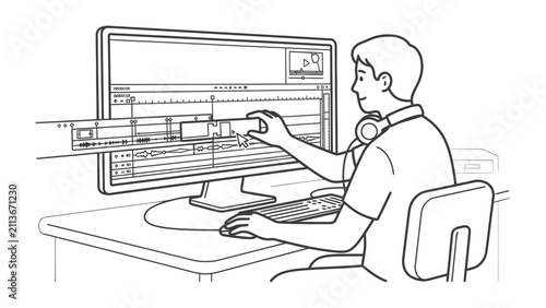 Fotografie Digital Editor at Work: A focused digital editor, wearing headphones, manipulates video timeline on a computer screen