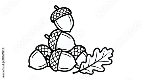 Acorn Pile Illustration: A simple line drawing depicts a pile of acorns with a single oak leaf, symbolizing autumn and nature's bounty.