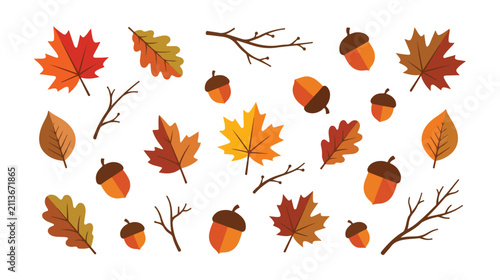 Bild auf Leinwand Autumn leaves and acorns vector collection, a vibrant fall foliage graphic resource for seasonal designs