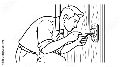 Fotografie Locksmith at Work: A man in a work shirt diligently uses a key and a tool to manipulate a door lock, focusing on the task of security