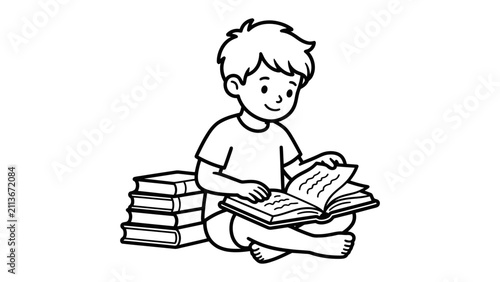 Young Boy Reading a Book: A cheerful young boy sits cross-legged, engrossed in reading a book, with a stack of books beside him, illustrating a love for learning and imagination.