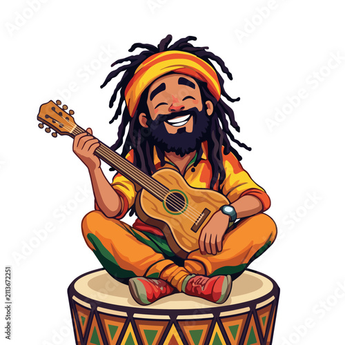 A cheerful musician with dreadlocks performing joyfully while playing a guitar, wearing a colorful outfit that embodies a vibrant and lively artistic expression of music.