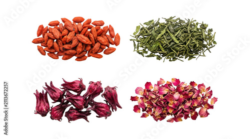 Four piles of dried herbal tea ingredients including goji berries green tea hibiscus flowers and rose petals