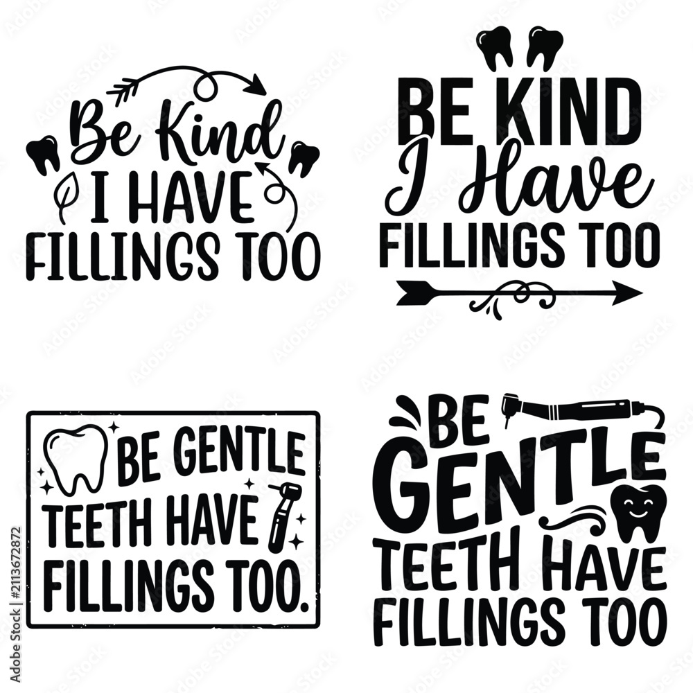 Fototapeta premium Set of four dental quote designs with teeth and tooth tool illustrations for dentist office decor