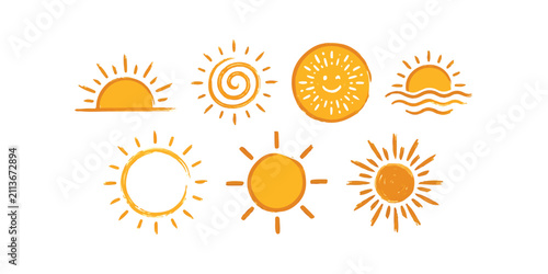 Set of hand drawn sun icons and sunshine doodles in yellow and orange colors