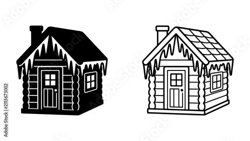 Quadro su tela Winter Cabin Illustration: Two stylized illustrations of a cozy wooden cabin, adorned with icicles, depict a charming winter scene with a rustic log construction