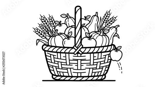 Foto Autumn Harvest Basket: A woven basket overflows with a bountiful display of seasonal produce, including pumpkins, apples, and gourds, symbolizing the abundance and richness of the fall harvest