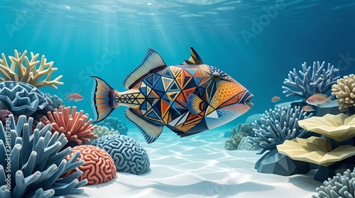 Ornate Triggerfish Swims Through Vibrant Coral Reef with Geometric Patterns