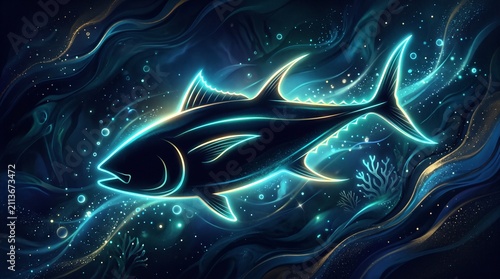 Glowing Neon Tuna Fish Swimming in Deep Blue Ocean with Bubbles and Coral
