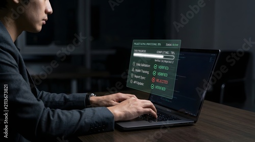 Businessman Typing on Laptop with Glowing Holographic Data Analysis and System Verification UI Interface