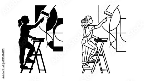 Artist Decorating Wall: A woman with a roller brush is decorating a wall with abstract design. She is standing on a stepladder.
