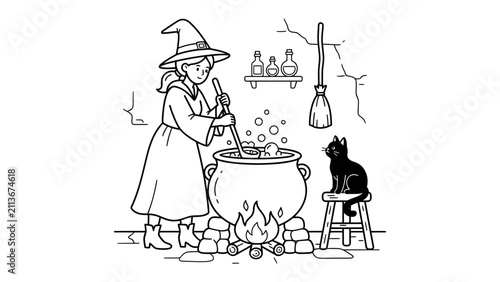 Bild auf Leinwand Witch's Brew: A whimsical witch in a pointed hat stirs a bubbling cauldron over a crackling fire, with a black cat perched nearby, conjuring a magical potion in her cozy, rustic workspace