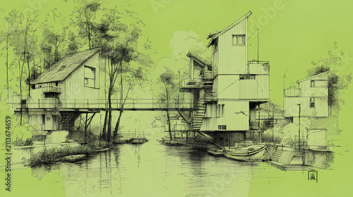 A simple, clean, abstract painting of a classic house.