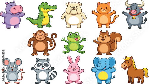 Photography Cute Cartoon Standing Animals Set Featuring Playful Zoo and Farm Characters for