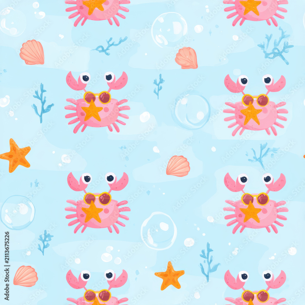 Fototapeta premium Seamless pattern of pink crab with shell and starfish in blue underwater scene