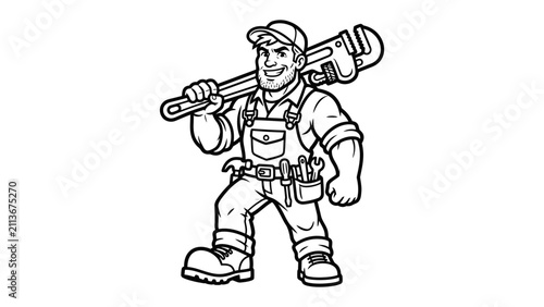 Plumber with Wrench: A friendly cartoon plumber wearing overalls and a cap stands confidently, carrying a large adjustable wrench over his shoulder. He is depicted in a black and white line drawing.
