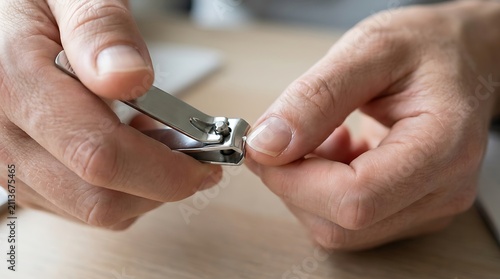 Person using a metal nail clipper to trim fingernails for personal hygiene.