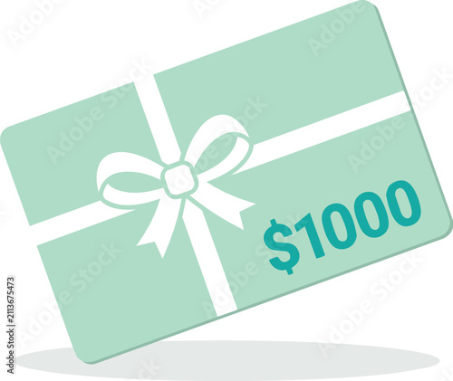 A flat vector illustration of a gift card worth one thousand dollars, featuring a decorative white ribbon and bow design.