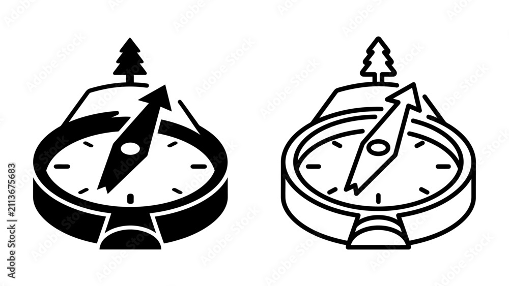 Fototapeta premium Compass Icon with Tree and Island: A set of minimalist compass icons, one solid black and one outlined, both featuring a small tree atop a stylized island, symbolizing adventure and direction.
