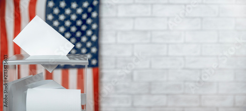 US election banner with voting ballot entering a transparent voting box, the US flag in the background with copy space, symbolizing American elections and democracy.
