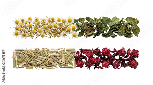 Assorted dried herbal tea leaves and flowers including chamomile and hibiscus arranged in separate rows