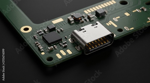 Circuitry board features a metallic charging port soldered onto the green surface of the main hardware.