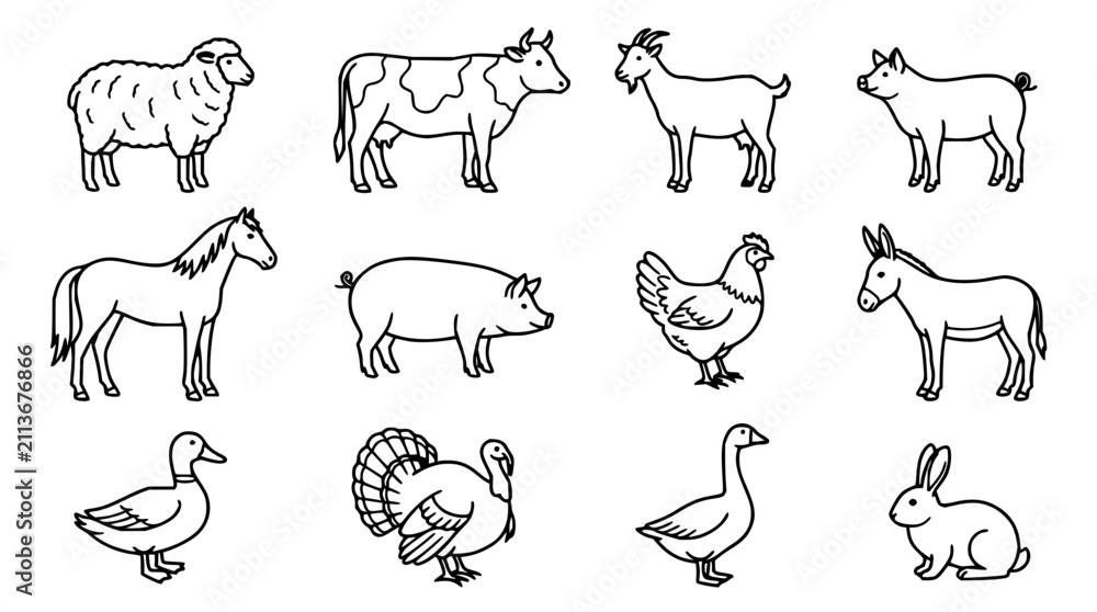 Fototapeta premium Farm animals line art set featuring cow, pig, sheep, goat, and chicken with minimalist style and vector illustration