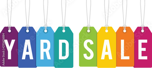 Set of eight colorful hanging price tags spelling out yard sale on a white background for retail and garage sale events
