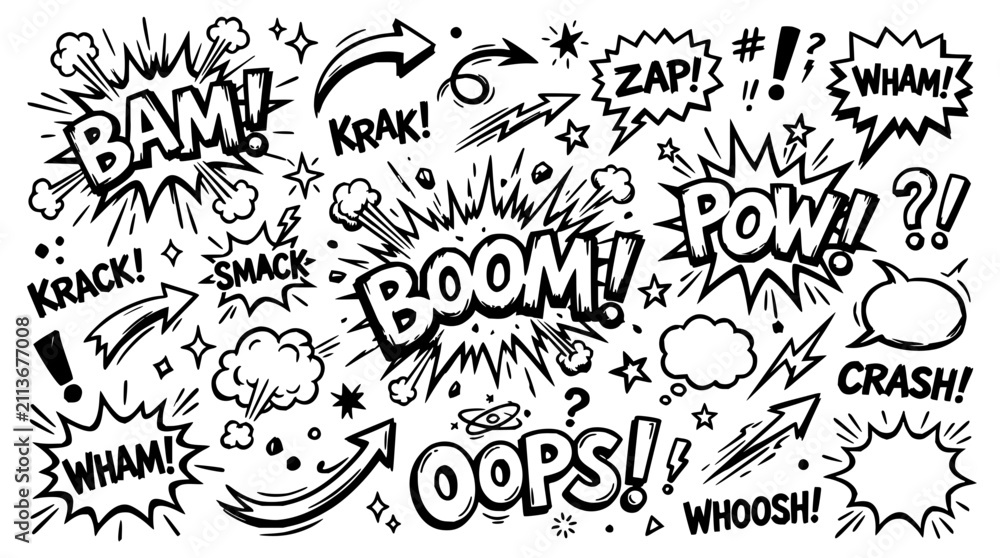 Fototapeta premium Comic sound effects and symbols set with speech bubbles, onomatopoeia, and action marks featuring explosion, zap, and pow with vintage comic style and bold typography