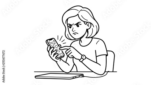 Bild auf Leinwand Frustrated Woman with Smartphone: An illustration of a woman expressing frustration as she looks at her smartphone, with an angry expression on her face and her finger pointed at the screen