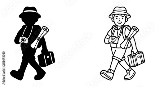 Photography Adventurous Traveler Illustration: A happy cartoon traveler in a hat and backpack holds a map and suitcase, ready for an exciting journey, presented with its silhouette
