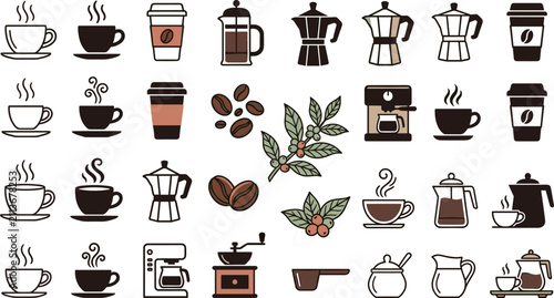 Foto Large Vector Collection of Fresh Coffee Bean Icons Classic Espresso Cups Retro H
