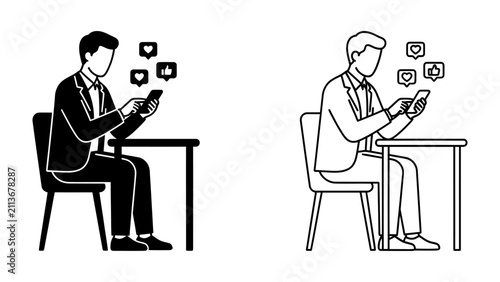 Quadro su tela Man Using Smartphone with Social Media Icons: A man in a suit sits at a desk, engrossed in his smartphone, with social media icons like hearts and likes floating around him