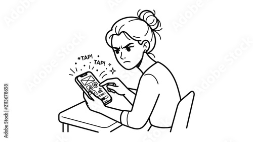 Photography Frustrated User with Smartphone: A woman sits at a desk, her brow furrowed in concentration and frustration as she taps furiously at her smartphone