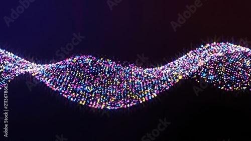 Abstract digital wave form made of many glowing colorful particles in dark space technology light dots