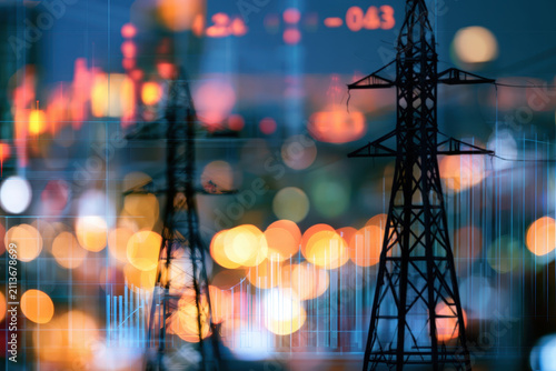 Power transmission tower poles, stock charts and digital analytics content banner. Energy holding, investment funds. Abstract electricity data analytics graph lines, financial chart. Utility commodity