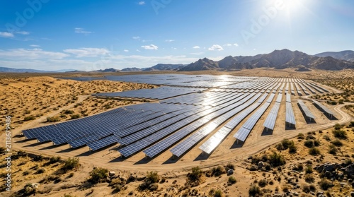 Solar Panel Array in Desert Landscape Under Bright Blue Sky