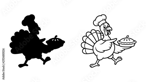 Foto Happy Thanksgiving Chef Turkey: A cartoon turkey, dressed as a chef with a chef's hat, proudly holds a Thanksgiving pie while waddling, presented alongside its silhouette